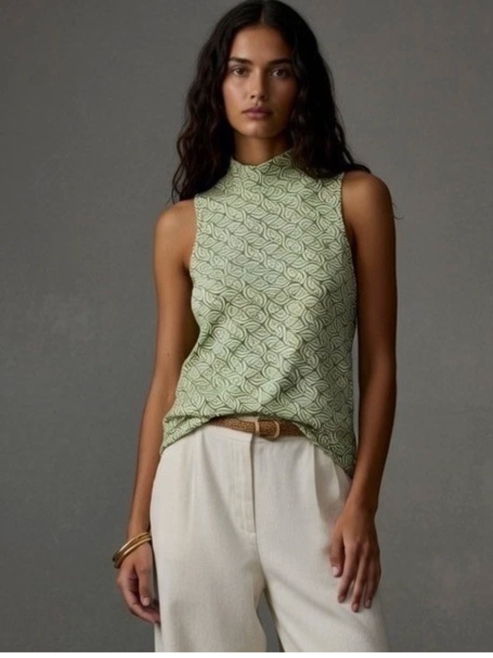 Maeve by Anthropologie Sleeveless Mock-Neck Tank in Sage Green Geometric Print